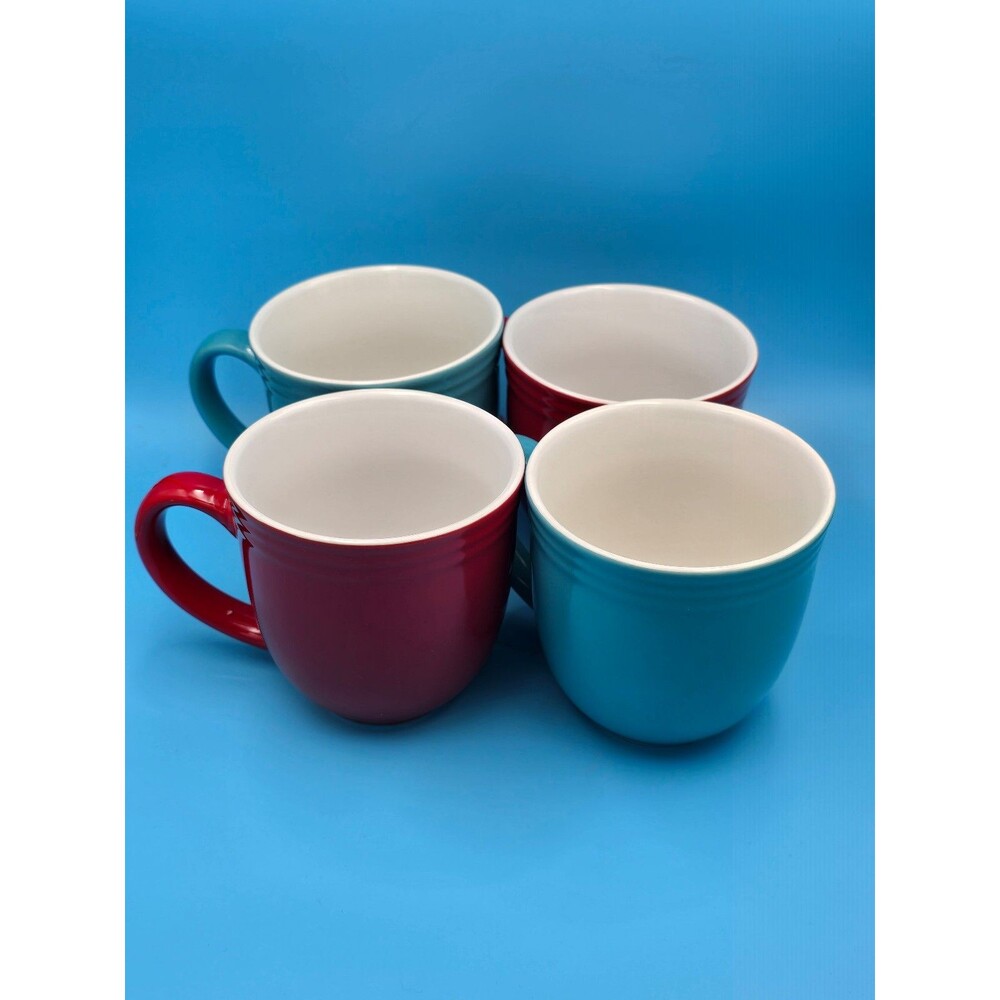 R.E. Set of 4 Ceramic Coffee Mugs - Red and Teal